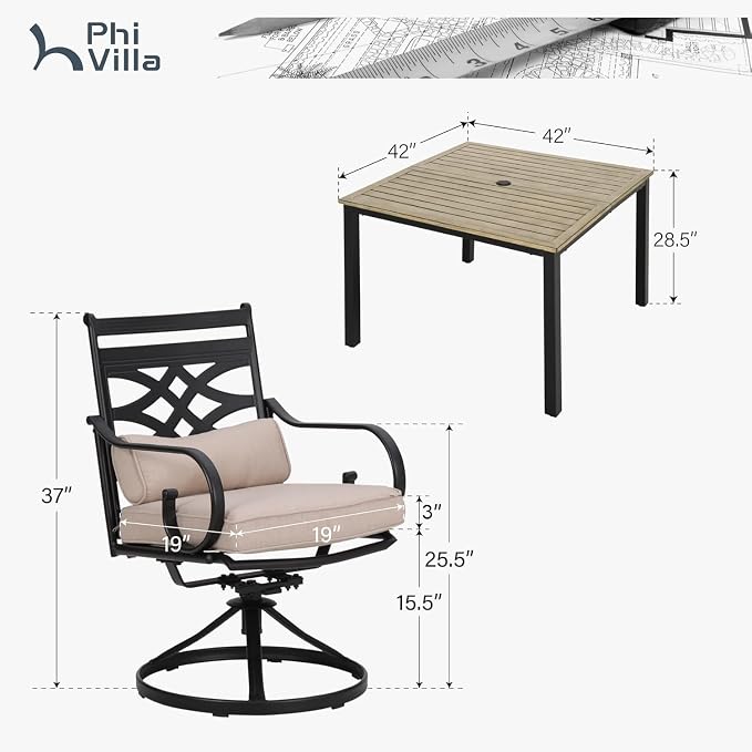 PHI VILLA Patio Dining Set, Swivel Chairs, Square Metal Table | Metal chairs, Beige, Cushions, E-coated
