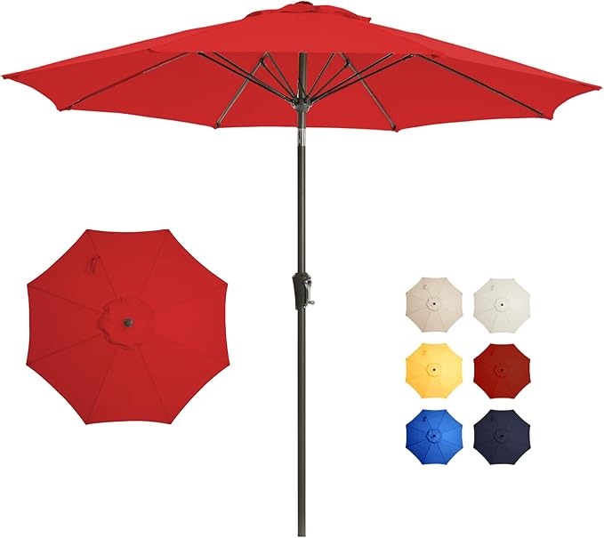 9FT Large Outdoor Patio Umbrella Pool Market Umbrella-UV Resistant, Easy Push Button Tilt and Crank, 8 Sturdy Ribs Heavy-Duty Table Umbrella for Deck, Backyard, Garden(Red)