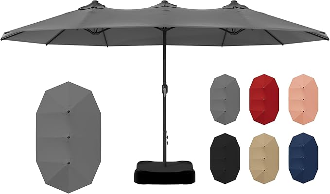 15ft Outdoor Market Umbrella with Base Included, Large Double-sided Pool Umbrella with Crank Handle, Garden, Backyard (Grey)