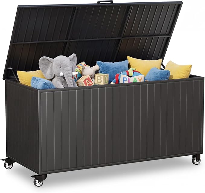 Outdoor Storage Box with Wheels 250 Gallon, Metal Deck Boxes Waterproof, UV Resistant Patio Storage Box with Lid for Patio Furniture, Garden Tools,Outdoor Cushion (Black)