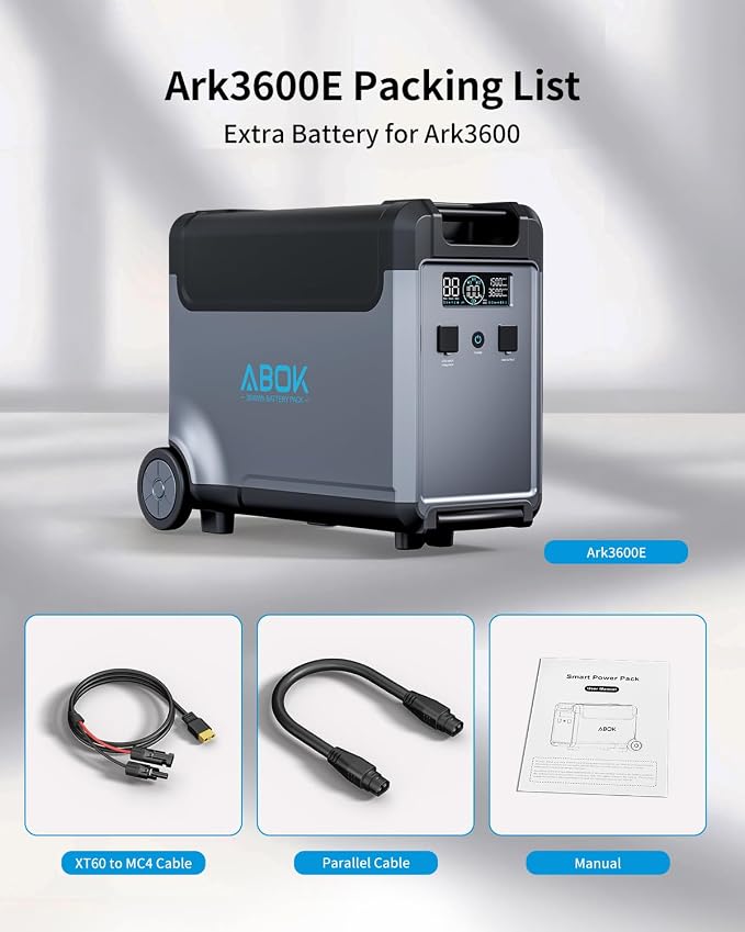 ABOK Ark3600 Portable Power Station Extra Battery with 200W Solar Panel for Ark3600, 3840Wh LiFePO4 Battery, 3600W Solar Generator for Garage, Home, Off-Grid Living, Camping, RV