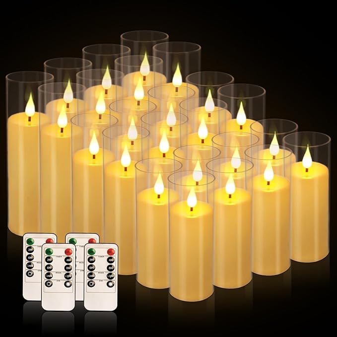 Enpornk Set of 24 Flameless Led Battery Opeated (D2.2'' x H5''6''7'') Realistic Moving Wick Candles with 10-Key Remotes and Cycling 24 Hours Timer