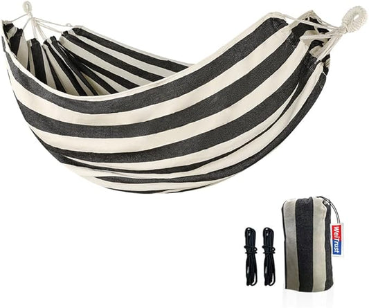 Cotton Canvas Hammock with Tree Straps - Portable Hammock for Outdoor Indoor Patio Backyard, Camping Hammock with Carry Bag, 440lbs Capacity, Without Stand(Black, Without bar)