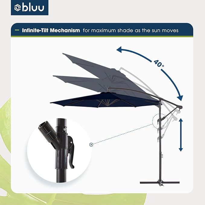 BLUU BANYAN 10 FT Patio Offset Umbrella Outdoor Cantilever Umbrella Hanging Umbrellas, 24 Month Fade Resistance & Water-repellent UV Protection Solution-dyed Fabric Canopy with Infinite Tilt, Crank & Cross Base (Navy Blue)