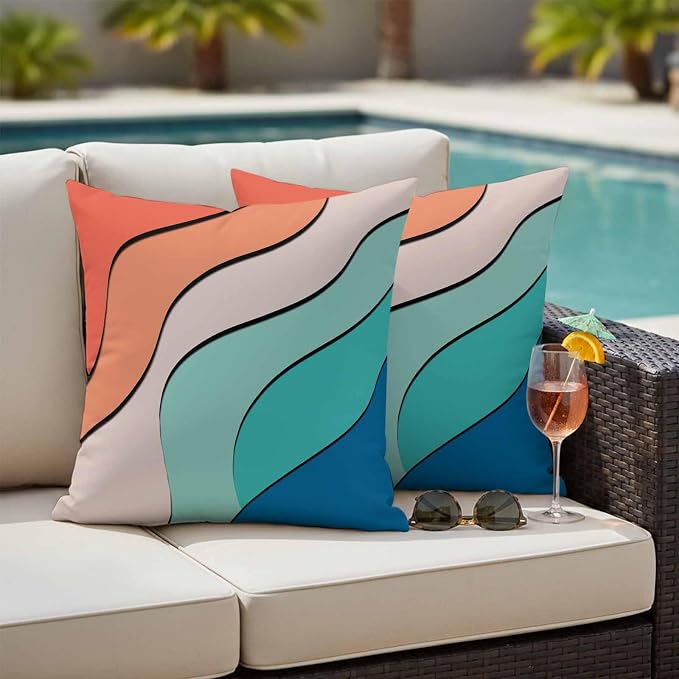 Orange Teal Ombre Outdoor Pillow Covers 18x18 Inch Throw Pillow Covers Set of 2 Waterproof Decorative Pillow Cases Modern Moire Abstract Art Cushion Covers for Patio Furniture Garden Couch Sofa