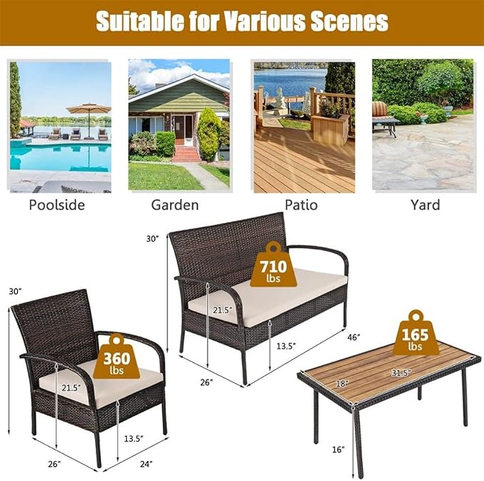 4PCS Patio Rattan Furniture Set Outdoor Conversation Coffee Table W/Cushions Single Chair