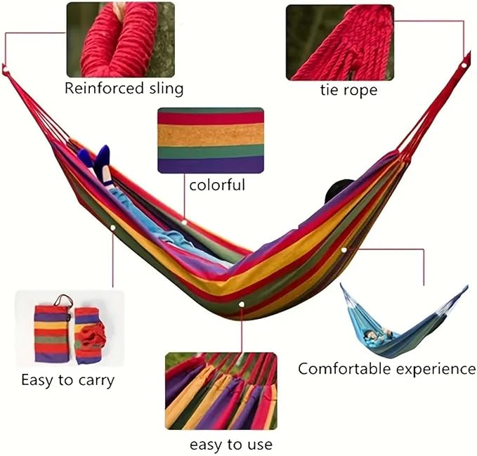 Portable Swing Cotton Stripe with Strong Hammocks Rope Beach Sleeping Bed Backpack Spreader Bar Tree Hanging for Travel Garden Striped Ultralight Outdoor Jula Camping Hammock (Multi, Set 1)