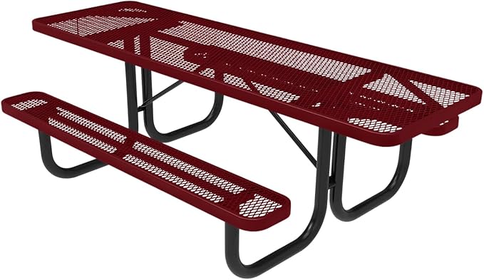 COATEDOUTDOORFURNITURE Heavy-Duty Portable ADA-Compliant Outdoor Picnic Table, Expanded Metal Patio Dining Furniture Made in America (8ft Rectangular, Both-Side Handicap, Burgundy)
