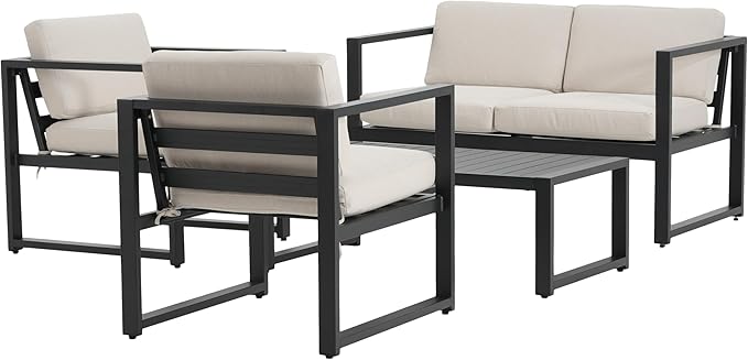 Christopher Knight Home Tundr Outdoor 4 Seater Chat Set with Coffee Table, Patio Conversation Sets, Sectional Aluminum Furniture Set with Cushions, 2 Chairs and Loveseat Set, Black Finish + Beige