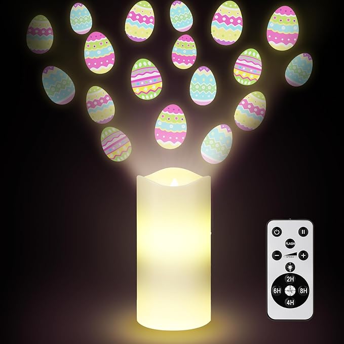 Baquler Easter Egg Projector Light Decor Easter Flameless Candle Spring Home Decor LED Candle Battery Operated Night Light with Remote and Timer Egg Hunt Party Basket Gifts for Spring Farmhouse Table