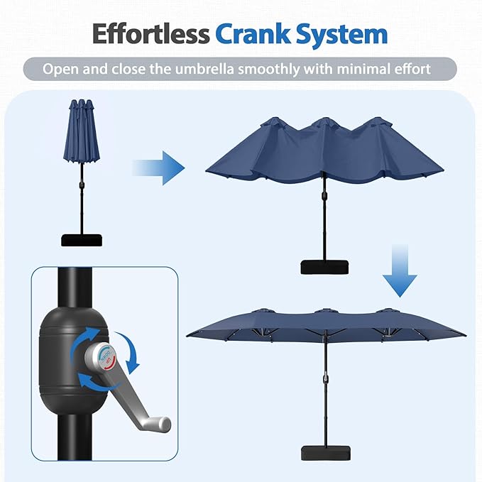 HOPERAN 15FT Patio Umbrella with Base Included, Large Outdoor Double-Sided Rectangle Table Umbrella with Easy Crank Lift, Market Umbrella for Backyard, Pool&Garden