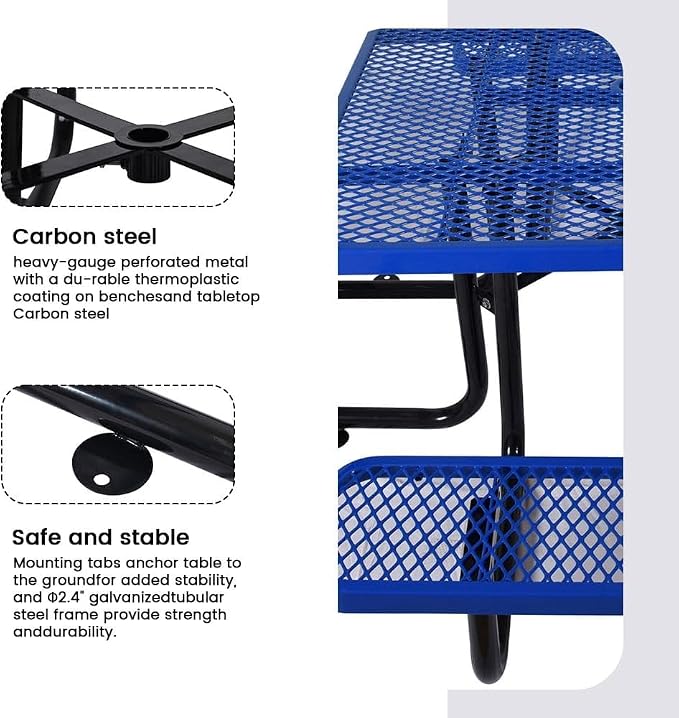46" Square Commercial Picnic Table for 4-8 Person, Heavy Duty Metal Outdoor Picnic Table with Umbrella Hole for Coffee Shop, School, Hospital, Easy to Install, Blue