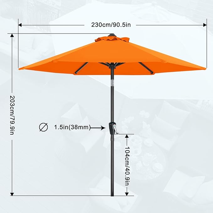 MASTERCANOPY 7.5FT Patio Umbrella with Push Button Tilt and Crank, Outdoor Market Umbrella with 6 Sturdy Ribs, UV Protection & Waterproof for Garden, Deck, Backyard, Pool (Orange)