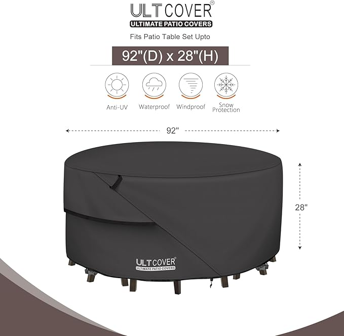 ULTCOVER Round Patio Furniture Cover - Outdoor Waterproof Table with Chair Set Cover 92 inch, Black