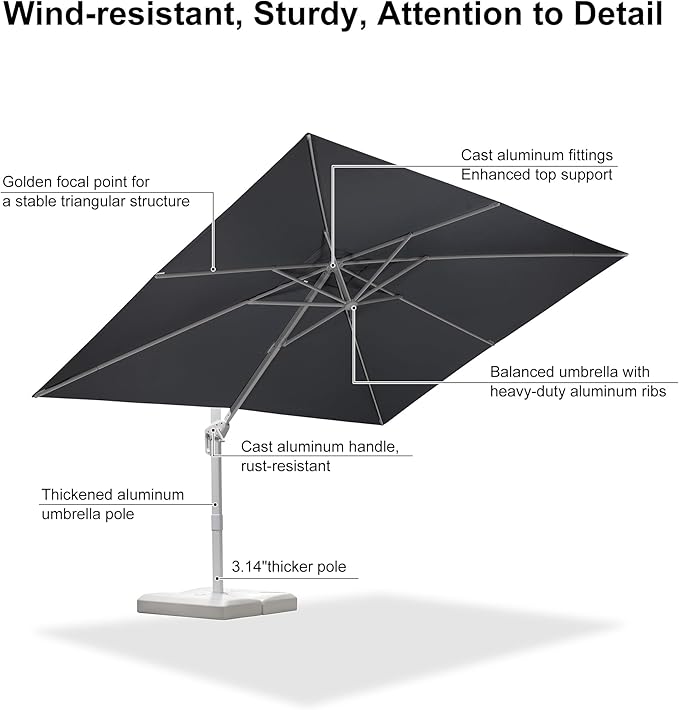 PURPLE LEAF 9' × 11.5' Patio Umbrella White Cantilever Umbrella Aluminum Square Outdoor Offset Umbrella Hanging Windproof with 360° Rotation for Garden Deck Pool, Light Grey