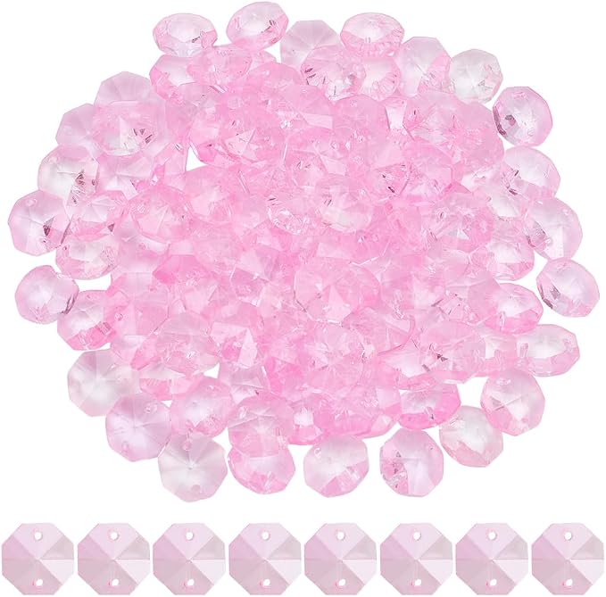 1 Box 120Pcs Glass Octagon Beads Bulk Prism Crystal Bead 14mm 2 Hole Pink Crystal Chandelier Replacement Links Sun Catcher Faceted Beads for DIY Lamp Hanging Pendant Jewelry Suncatcher Craft