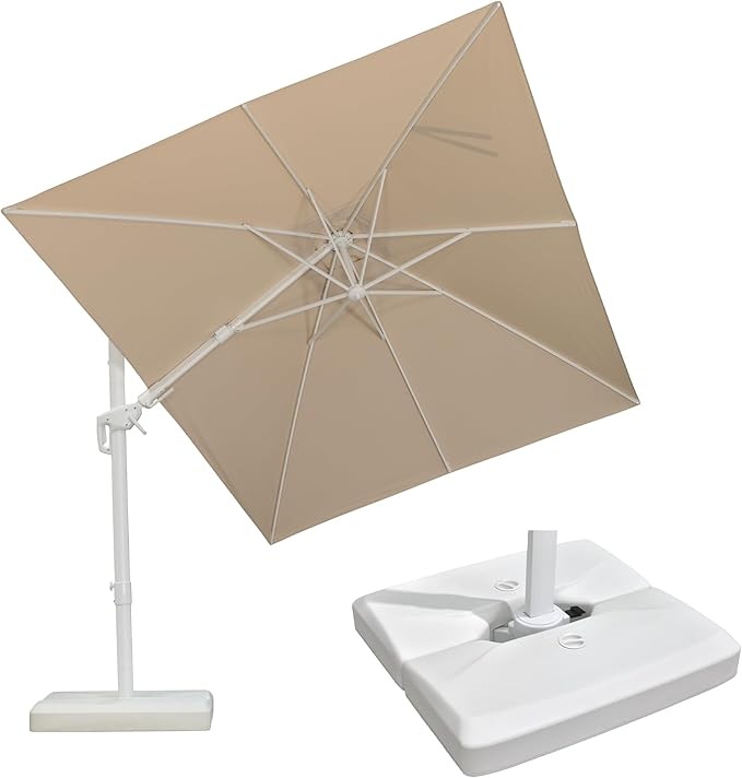PURPLE LEAF 8' X 11.5' Right-left Tilt White Cantilever Umbrella with Base Patio Outdoor Swivel Umbrellas with Aluminum Tilt Offset Umbrella with 360° Rotation for Deck Pool, Beige