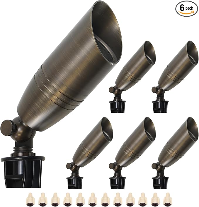 DOSHINE® Solid Brass Landscape LED Spotlights Outdoor Low Voltage Landscape Lighting AC/DC 12V Uplight Accent Light for Tree Garden Yard with Replaceable 5W 3000K Warm White 560LM MR16 Bulb (6-Pack)