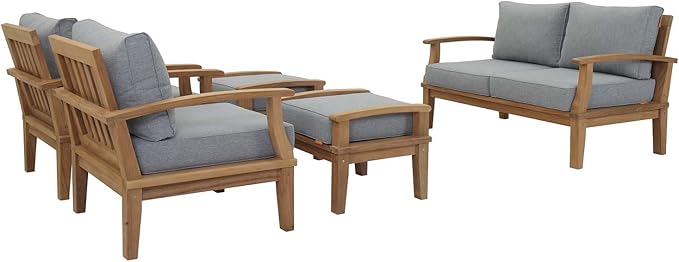 Modway EEI-1472-NAT-GRY-SET Marina Premium Grade A Teak Wood 5-Piece Outdoor Patio Furniture Set, Natural Gray
