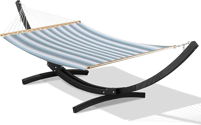 Lazy Daze Hammocks 12 FT 2 Person Double Quick Dry Textilene Hammock with Curved Steel Heavy Duty Stand for Outside, Backyard, Patio, 450 Lbs Capacity, Blue White Stripes