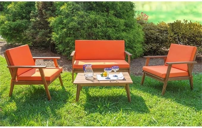 Linon Cooper Acacia Wood 4 Seater Removable Cushion Outdoor Patio Conversation Chat Sofa Set in Acorn Brown with Coffee Table