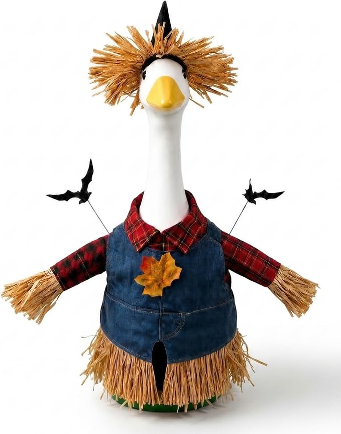 Scarecrow Porch Goose Outfits, 23 Inch Fall Geese Costume with Straw Hat | Porch goose fall outfit with hat & bat decor. Halloween thanksgiving yard decor for concrete statue, gift for mom grandma.