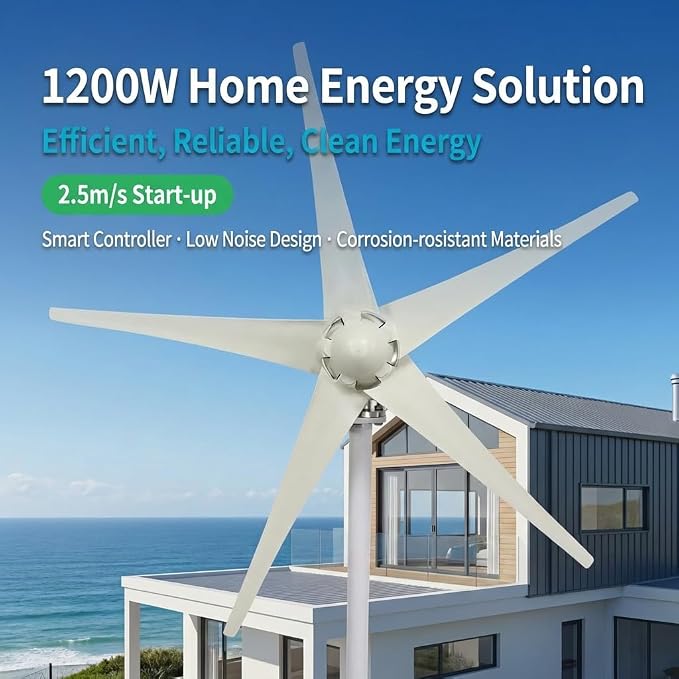 1200W Wind Power Generator, 12V/24V Wind Turbine Kit, 2.5M/s Start Wind-Mill Generator Kit with Charging Controller, DC27–54V, for Home, Farms, Factory, RV Boats, Warehouse, Camps White