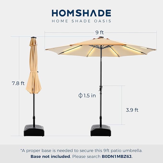 HOMSHADE 9ft Solar Patio Umbrella - Solar Lights LED Lighted UPF50+ UV Protection Umbrella, Outdoor Market Table Umbrella with Push Button Tilt, Crank for Pool Deck and Garden (Beige)