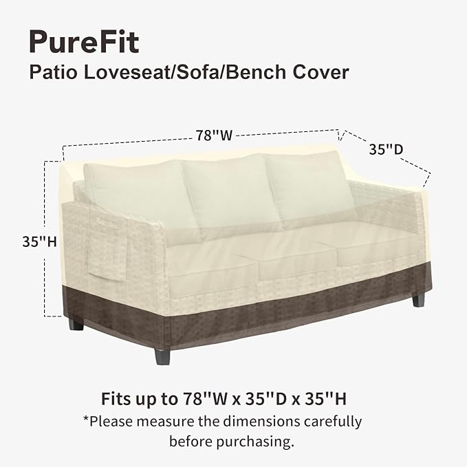 PureFit Outdoor Couch Cover Waterproof Patio Sofa Furniture Covers, 3-Seater Outdoor Cover with Air Vent and Handles, 78W x 35D x 35H Inches, Beige/Brown