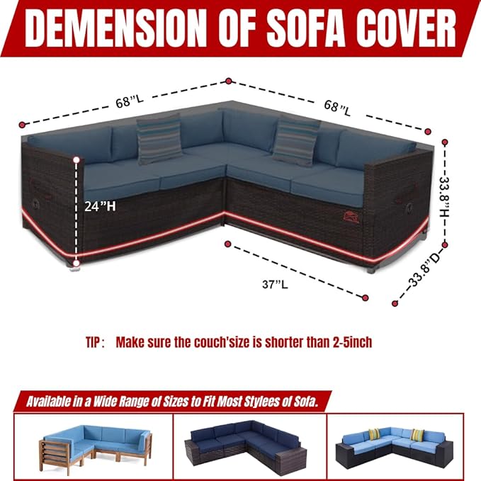 Turtle Life Patio Sectional Sofa Cover, Outdoor Heavy Duty Durable UV Water Resistant Anti-Fading V-Shaped Couch Cover, Black, 70" L (on Each Side) x 33.8" D x 33.8" H