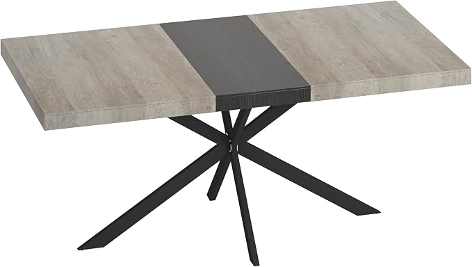 55.11" -70.86" Extendable Dining Room Table, Retro Folding Dining Tables for 4-6 People with Antique Wood Top/Black Fine Sand Cross Iron Foot Base/Storage Box, Black Grey