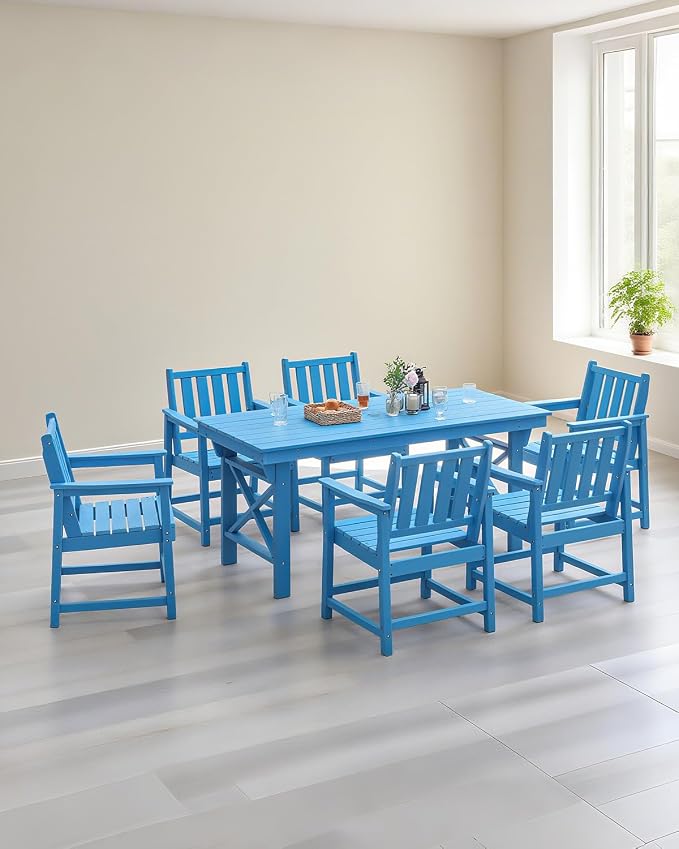 7-Piece Patio Dining Table Sets, Outdoor HDPE Dining Furniture Set Umbrella Hole Cut-Out Table and 6 Chairs for Backyard, Lawn, Deck and Poolside, Blue