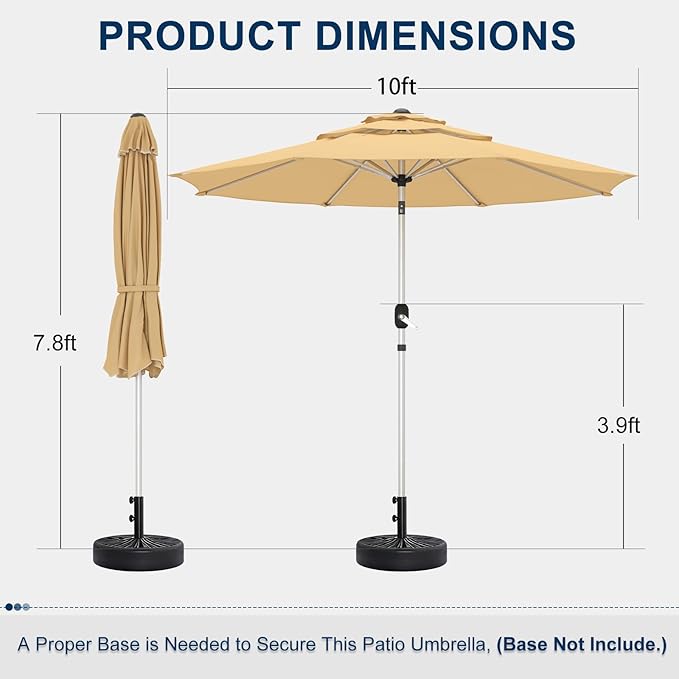 10FT 3-Tier Aluminum Outdoor Patio Umbrella, Fade-Resistant Market Umbrella with Push Button Tilt Function, 8 Sturdy All-Aluminum Ribs for Gardens, Patios, Backyards & Pools