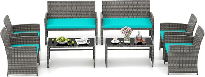 HAPPYGRILL 8 Piece Rattan Wicker Patio Conversation Set, Outdoor Furniture with Chair Loveseat Table & Cushion, for Backyard Porch Balcony (2, Turquoise)