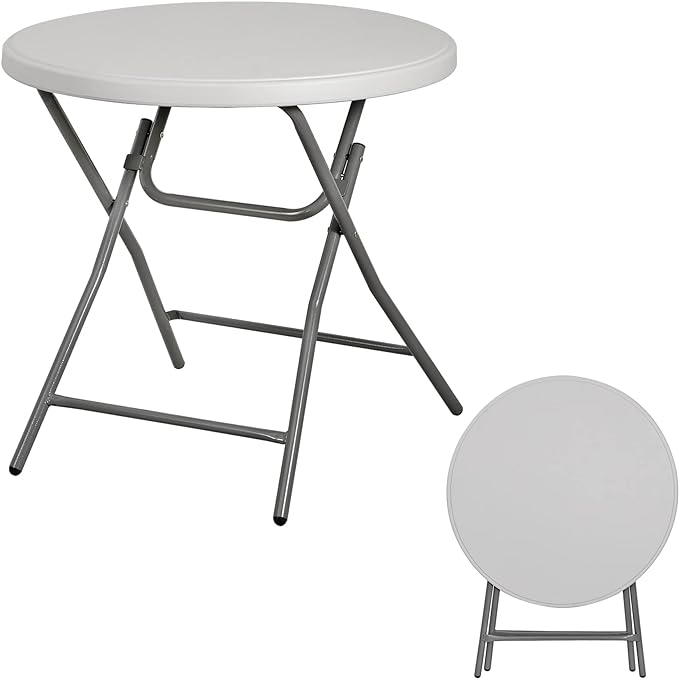 32 Inch Round Folding Table, Heavy Duty Folding 2.6FT Plastic Table for Outdoor Indoor, Metal Frame Thick Table Top Camping Picnic Table, White