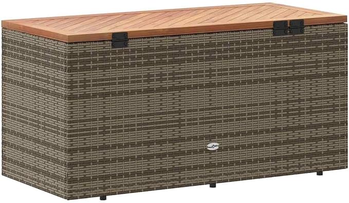Modern Garden Storage Box in Grey and Brown, PE Rattan Outdoor Storage Box with Acacia Wood Top, Spacious Interior for Cushions and Tools, Comfortable Seating for Two