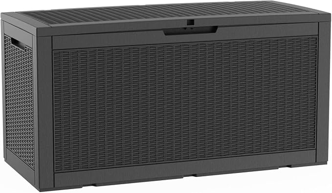 LAUSAINT HOME 100 Gallon Resin Deck Box for Outdoor Storage, Extra Large Waterproof Patio Storage Bench for Cushions and Garden Tools, Heavy Duty Seating, Lockable Toy Box for Porch and Deck (Black)