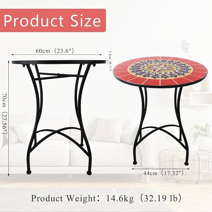 24 Inch Mosaic Patio Round Side Table with X-Curved Legs Indoor and Outdoor Accent End Table for Yard, Garden, Living Room, Bistro, B - Red Mandala