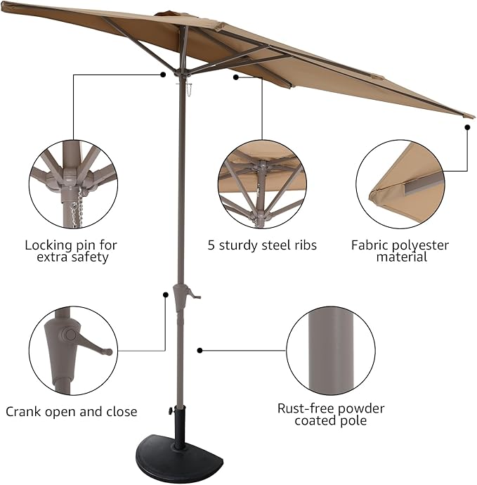 COBANA 7.5’by 4’Half Rectangular Outdoor Patio Umbrella for Patio, Balcony, Garden, Deck, Beige