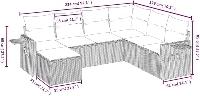 7 Piece Patio Sofa Set with Cushions, Patio Conversation Set Outdoor Dining Sets Porch Furniture Set Outdoor Sofa Sets for Piazza Exhibition Negotiation Area Garden Black Poly Rattan