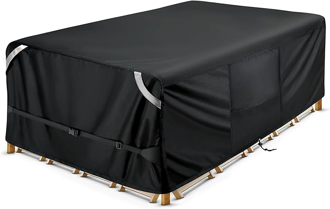 COSLFY Waterproof Patio Furniture Covers for Table and Chairs, Heavy-Duty 600D Oxford Outdoor Dining Set Cover with Drawstring, UV-Resistant All-Weather Protection, Fits 108L x 82W x 28H Inch(Black)
