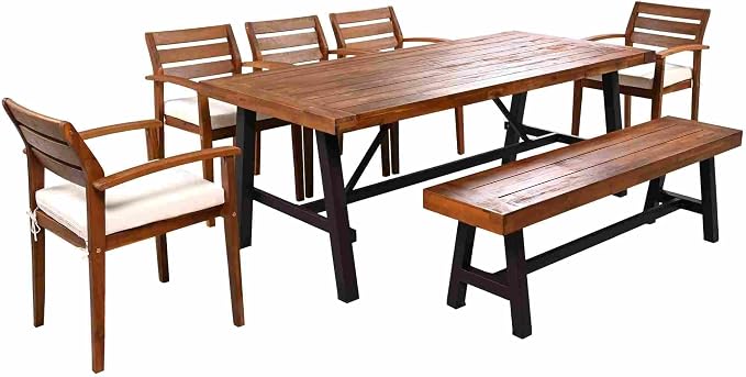 SOFTSEA 7-Piece Outdoor Acacia Wood Dining Table Set with Bench, All Weather Patio Dining Set with Ergonomic Chairs and Removable Cushions, Acacia Wood