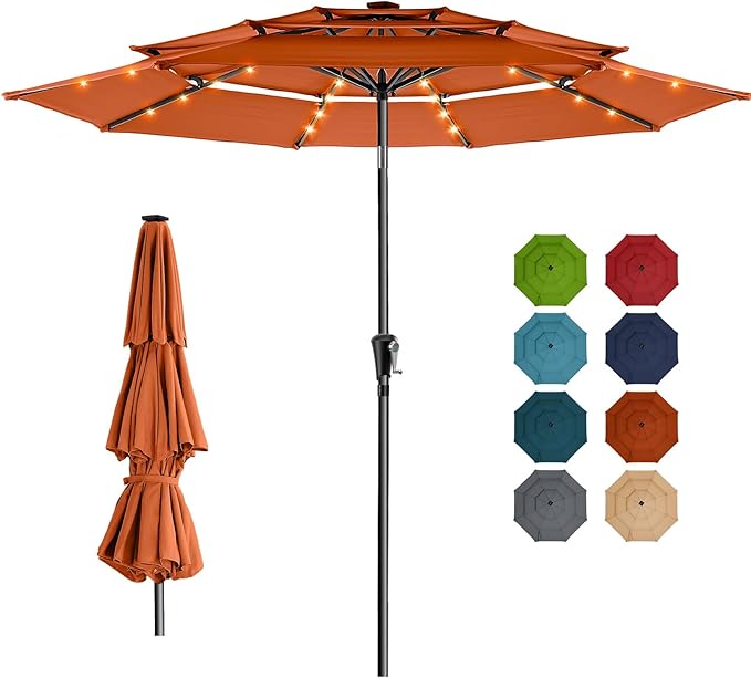 HOMSHADE 9FT 3-Tier Solar Patio Umbrella Heavy Duty,Vented Market Table Umbrella Windproof w/32 LED Lights,UPF50+,5-Year Fade Resistant,8 Thicker Ribs for Pool,Lawn,Garden,Deck (Orange,No Base)
