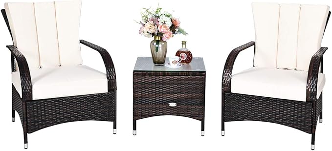 Tangkula 3-Piece Patio Conversation Set, Ourdoor Wicker Furniture Set, Rattan Coffee Table & Chairs Set with Cushions, Outdoor Conversation Set for Garden Balcony Backyard (Cream)