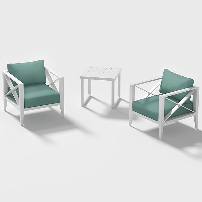 MBY 3-Piece Oversized Aluminum Patio Furniture Set, Outdoor Deep Seating Conversation Sofa Set with Coffee Table, 6.1" Cushions, All-Weather Rust-Proof Frame for Backyard, Deck, Balcony-White