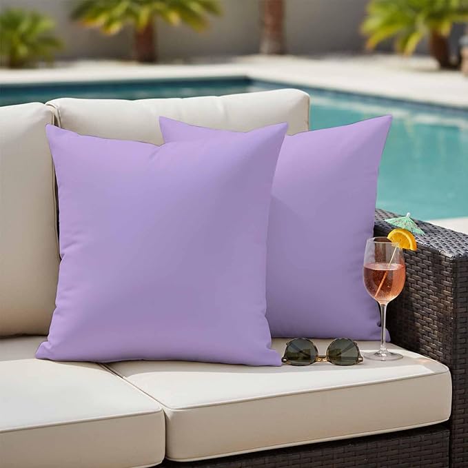 Minimalist Solid Color Outdoor Waterproof Throw Pillow Covers Set of 2, 26"x26", Pure Lavender Purple Simple Decorative Pillow Covers Outside Cushion Case for Patio Porch Garden