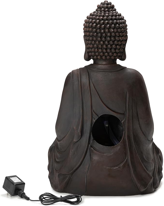 Glitzhome 24" H Zen Style Meditating Buddha Water Fountain Statue with Pump and LED Light, 2 Tier Waterfalls Resin Indoor Outdoor Floor Fountain for Garden Patio Backyard Decking