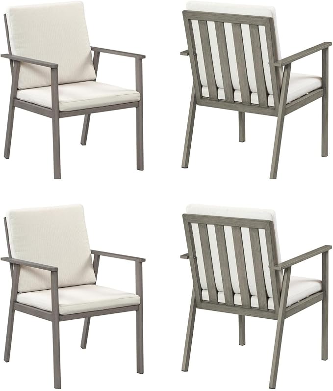 Never-Rust Outdoor Patio Dining Chairs, 4 Pieces Outdoor Aluminum Dining Chairs with Thickened Cushions, Patio Dining Furniture Chairs Set for Garden, Decks, Porch, Pool, Limed Oak