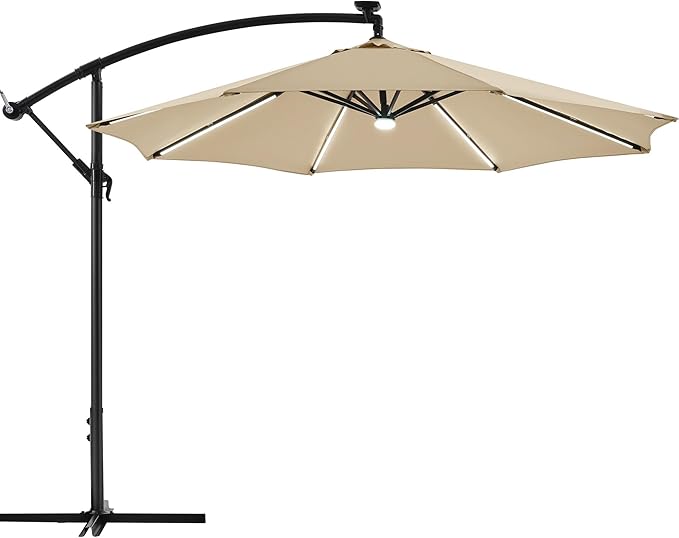 Yaheetech 10 FT Solar Powered LED Patio Umbrella Outdoor Cantilever Umbrella, UV Protection & Windproof, Offset Hanging Sunshade w/Strip Lights & Hub Light for Backyard Garden Pool