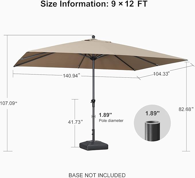 PURPLE LEAF 12' x 9' Patio Market Umbrella Outdoor Table Sun Umbrellas with Crank 8 Aluminum Sturdy Ribs for Pool Deck Backyard Beach Taupe